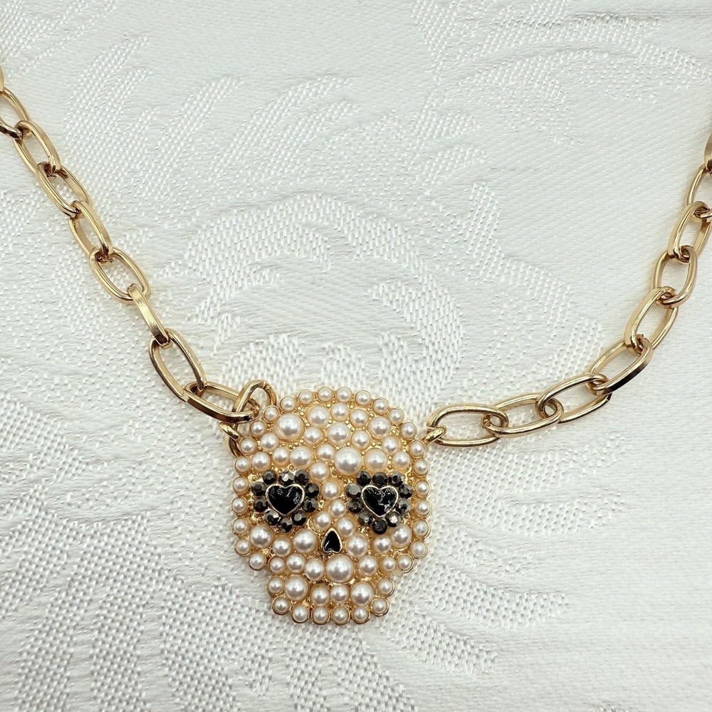 Baublebar Faux Pearl Skull Charm Necklace w/ Gold Tone Chain Goth Spooky Jewelry